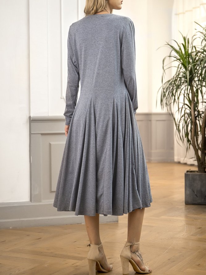 Gray Paneled Long Sleeve Plain Dress