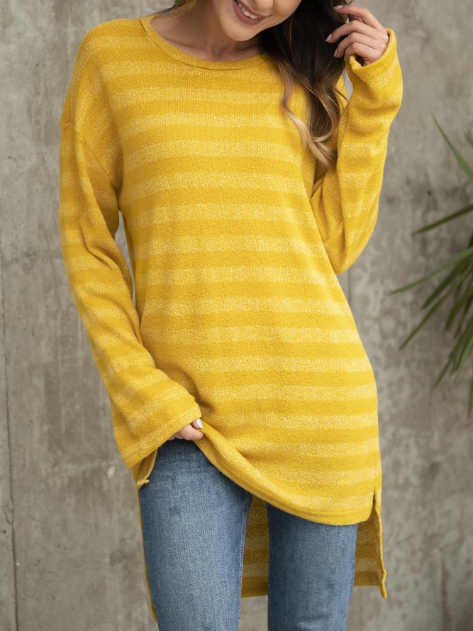 Crew Neck Long Sleeve Cotton-Blend Casual Top