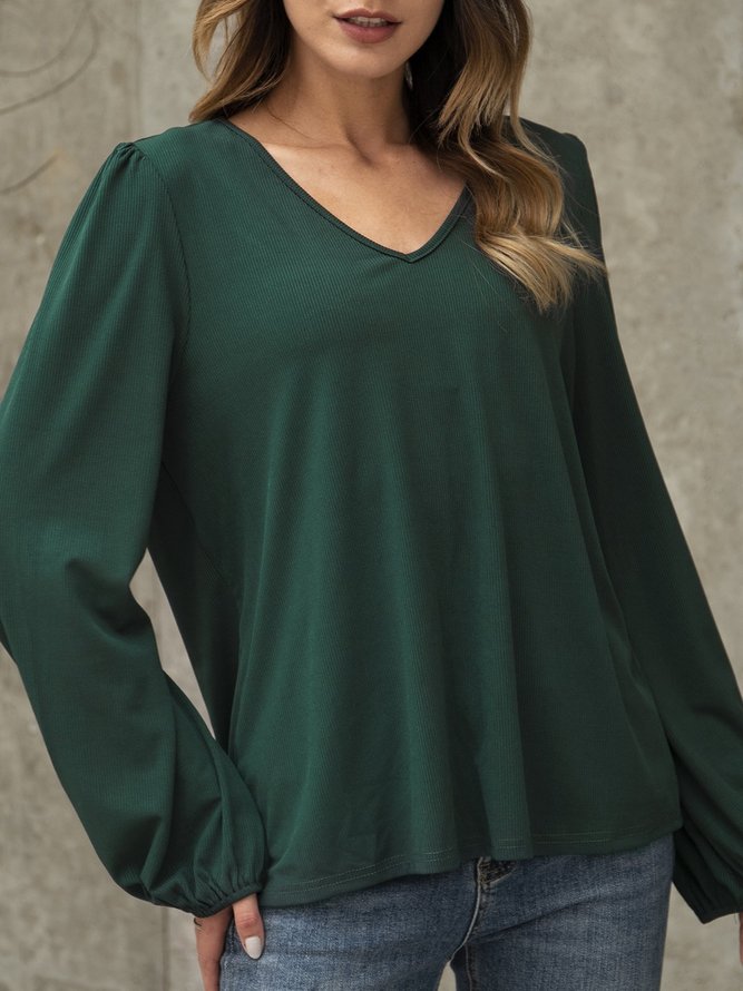 Green Long Sleeve Casual Cotton-Blend Paneled Top