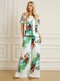 Women Floral Vacation Summer Natural Mid-weight Micro-Elasticity Jersey Cold Shoulder H-Line Two Piece Sets