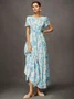 Vacation V-neck Floral Print Smocked Waist  Maxi Dress with Pocket