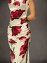 Elegant Floral Slit Ruched Cowl Neck Slim Midi Dress