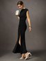 Elegant Ruched Cowl Neck Slit Black Slim Midi Dress
