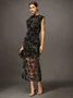 Elegant Ruched Cowl Neck Floral Textured Slit Midi Dress