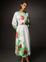 Elegant Floral Balloon Sleeve Satin Dress with Belt