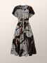 V Neck Loosen Printed Short Sleeve Woven Dress