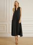 Plain Summer Simple No Elasticity Daily Polyester fibre Loose Notched A-Line Dresses for Women