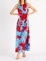 Vacation Loosen Floral Notched Sleeveless Midi Dress