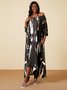 Women Casual Summer Printed Micro-Elasticity Jersey Maxi Three Quarter Loose One Shoulder Sleeve Dresses