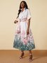 Floral Summer Elegant Belt Shirt Collar No Elasticity Midi Sash X-Line Dresses for Women