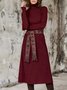 Turtleneck Burgundy  A-Line Solid Midi Dress(Belt excluded)