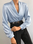 Spring V neck Satin Work Date Daily Long sleeve Tops