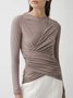Daily Plain Ruched  Long Sleeve Crew Neck  Basic Top