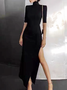 Black High Elasticity Tight Elegant Plain Turtleneck split Long Dresses