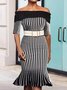 Striped Cold Shoulder Elegant Midi Dress