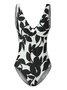 Casual Floral Printing V Neck One Piece Swimsuit