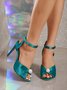 Green Satin Imitation Pearls Peep-Toe Stiletto Heel Sandals