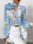 Loose Vacation Floral V Neck Shirt With Brooch 