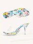 Transparent PVC Abstract Print Crystal Heeled Mule Sandals