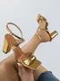 Glamorous Golden Crocodile Embossed Chunky Heeled Ankle Strap Sandals