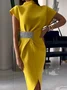 Elegant Stand Collar Waist Design Midi Dress