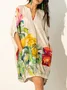 Floral V Neck Vacation Half Sleeve Loose Dress