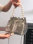 Sparkling Rhinestone Imitation Pearl Handle Bucket Bag Metal Chain Crossbody Bag