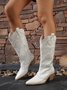 Vintage Embroidered Rivet Chunky Heel Western Boots