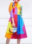 Regular Fit Stand Collar Urban Color Block Shirt Dress