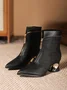 Black Embossed Front Zip Spool Heel Dress Boots