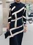 Stand Collar Long Sleeve Regular Sleeve Geometric Elegant Regular Fit Midi Dress