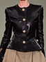 Regular Fit Plain Urban Regular Sleeve Crew Neck Long Sleeve Faux Leather Coat