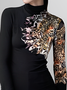 High Elasticity Tight Regular Sleeve Random Mock Neck Long Sleeve Print Urban T-Shirt