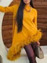 Plain Crew Neck Feather-Trimmed Urban Long Sleeve Blouse