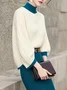 High Elasticity Loose Regular Sleeve Mock Neck Three Quarter Sleeve Color Block Casual Sweater