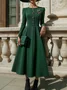 Elegant Crew Neck Buttoned Plain Long Sleeve Dress With Brooch