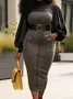 Micro-Elasticity Tight Elegant Color Block Balloon Sleeve Long Sleeve Dress With No Belt