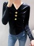 V Neck Urban Velvet Buttoned Long Sleeve T-Shirt