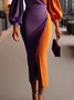 Elegant Balloon Sleeve Color Block V Neck  Dress