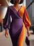 Elegant Balloon Sleeve Color Block V Neck  Dress