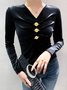 V Neck Urban Velvet Buttoned Long Sleeve T-Shirt