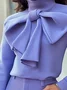 Plain Turtleneck Casual Bow Regular Sleeve Blouse