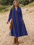 Blue Long Sleeve Cotton-Blend V Neck Weaving Dress