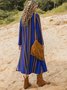 Blue Long Sleeve Cotton-Blend V Neck Weaving Dress