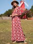 Red V Neck Floral-Print Long Sleeve Swing Dress