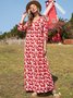Red V Neck Floral-Print Long Sleeve Swing Dress