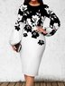 Elegant Crew Neck Long Sleeve Floral  Printed  Midi Dress