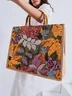 Random Floral Sequins Embroidery Bamboo Handle Tote Bag