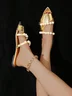 Fashionable Golden Embossed Imitation Pearls Decorated Slide Sandals