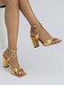 Glamorous Golden Crocodile Embossed Chunky Heeled Ankle Strap Sandals